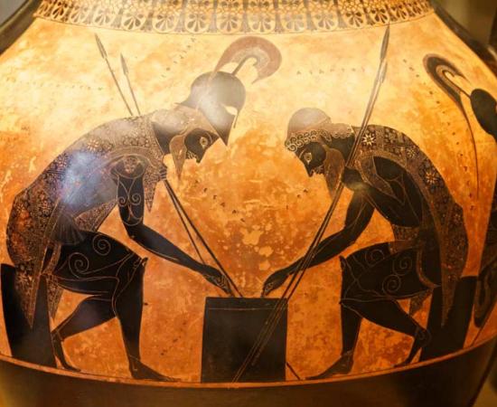 Evidence of ancient gambling is shown on this 540BC ceramic illustrating Achilles and Ajax playing dice.	Source: Nick Thompson / CC BY-NC-SA 2.0)