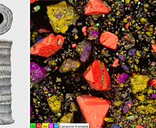 The ancient lipstick vial found in Iran. Left) the carved chlorite vial containing the cosmetic preparation. Right) image of mineral composition of the substance found. Source: Left: M. Vidale, Right: F. Zorzi /Nature CC BY 4.0 DEED