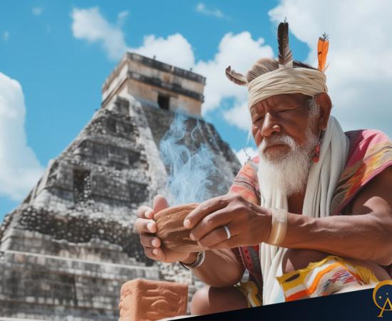 AI image of a South American man preparing for a traditional ceremony at an Aztec pyramid.