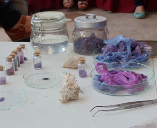 Mohamed Ghassen Nouira holding textile fragments made with his ancient purple dye using Murex sea snails from Tunisia.    Source: Mohamed Ghassen Nouira