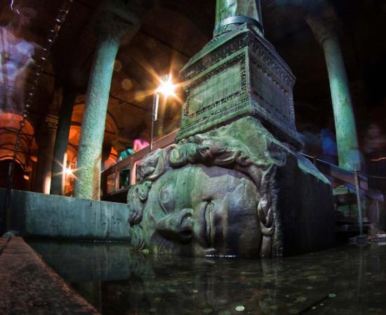 Subterranean water supply (cistern), Istanbul. Ancient rainwater harvesting sometimes included highly decorative cisterns, further demonstrating the importance of the element to human life. 