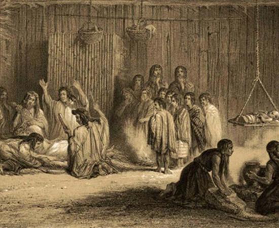 Illustration of a machi healing a patient, from ‘Atlas of Physical and Political History of Chile’ (‘Atlas de la historia física y política de Chile’), by Claudio Gay. A machi is a Chilean traditional healer. Since ancient times, tobacco has been a popular substance used in shamanic practices in Chile.
