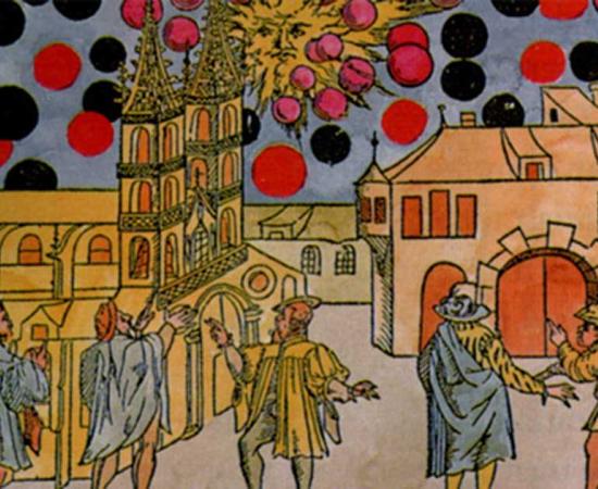 Hand-colored woodprint by Samuel Coccius, Basle Switzerland 1566. August 7th many black globes moved before the sun at great speed and seemed to be fighting. Was this an ancient UFO sighting or celestial event?