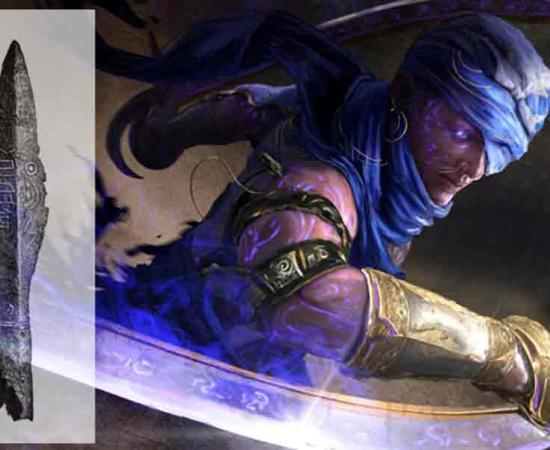 AI image of Arab warrior assassin rushing through the desert with two curved sabers with which magical Arabian runes. Source: warmtail/Adobe Stock