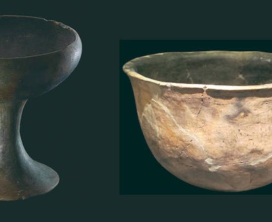 Pottery chalice, emblematic of the expansion phase of El Argar (left), and pottery sample from El Argar peripheral communities (right), communitie found in the Cerro de la Campana.