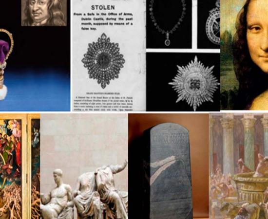 The heart-breaking theft of some artifacts in history: The Crown Jewels and an illustration of Thomas Blood. The Mona Lisa.  Dublin Police notice of theft of crown jewels. Hans Memling's Last Judgement. Elgin Marbles. Rosetta stele. Solomon's Temple. Source: Historic Royal Palaces, Public Domain, Public Domain, Public Domain, Justin Norris/CC BY 2.0, Trustees of the British Museum/ CC BY NC SA 4.0, Public Domain