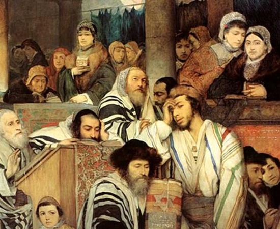 Detail of ‘Ashkenazi Jews praying in the Synagogue on Yom Kippur. (1878 painting by Maurycy Gottlieb)