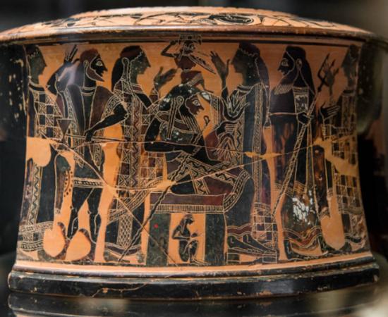 Illustration of the birth of Athena from Zeus’ head, 570-560 BC, decorating a pyxis (ancient Greek jewelry box).