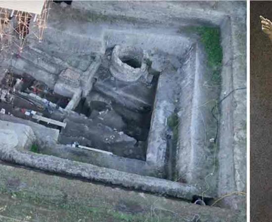 Left; The excavation site at Somma Vesuviana. Credit: Right; Augustus Caesar of Prima Porta statue. 	Source: Left; University of Tokyo Foundation.  Right; Vatican Museums/CC BY-SA 4.0
