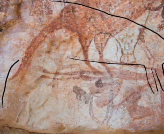 Enhanced Linear Naturalistic Figure animal drawing, superimposed over more complex (but older) Irregular Infill Animal Period (IIAP) animal art.