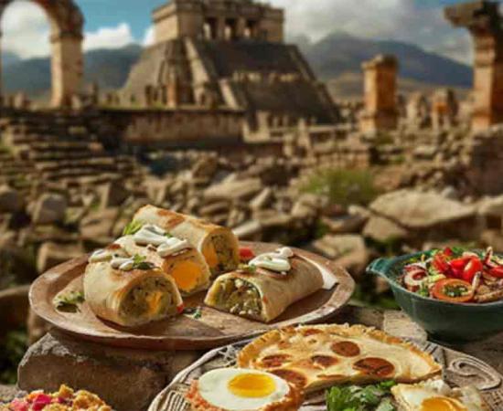 AI image of Aztec cuisine with Aztec empire in the background. Source: Jeannaa/Adobe Stock