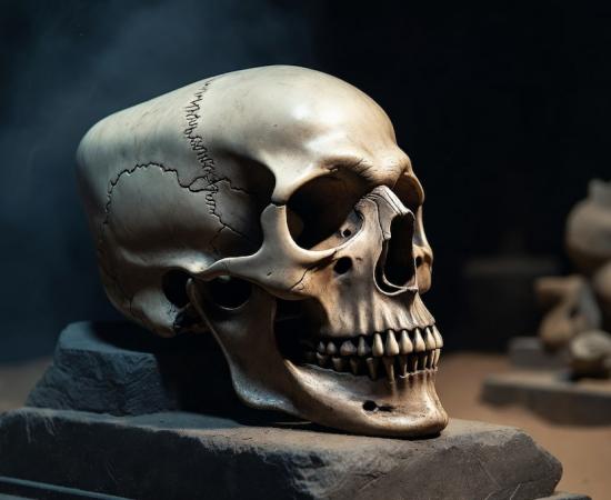 A dramatic, atmospheric close-up of a single elongated Paracas child skull resting on a museum display block. AI-generated image created to illustrate the mysterious and striking appearance of the Paracas elongated skulls.
