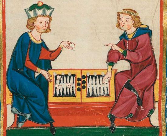 Backgammon as depicted from the 14th century Codex Manesse. Source: Public domain