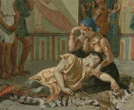 A late 19th-century painting of Act IV, Scene 15 of Shakespeare's Antony and Cleopatra: Cleopatra holds Antony as he dies. Source: Alexandre Bida/ CC BY-SA 4.0 