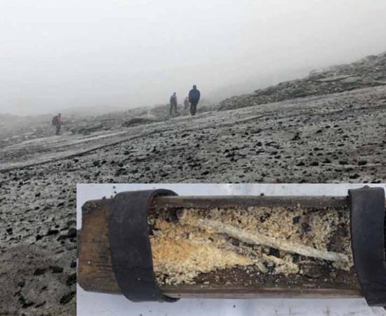 The Lendbreen ice patch. (Espen Finstad, secretsoftheice.com) Insert: The box found at the ice-patchcontaining a well-preserved beeswax candle. (Secrets of the Ice)