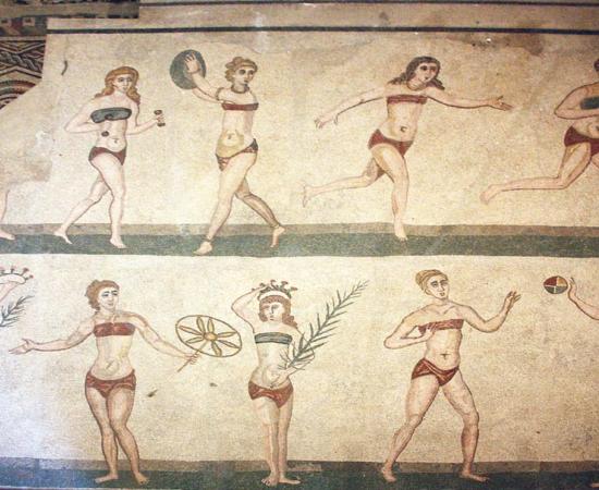 Mosaic of the ‘bikini girls’ from the Villa Romana del Casale, Piazza Armerina, Sicily.