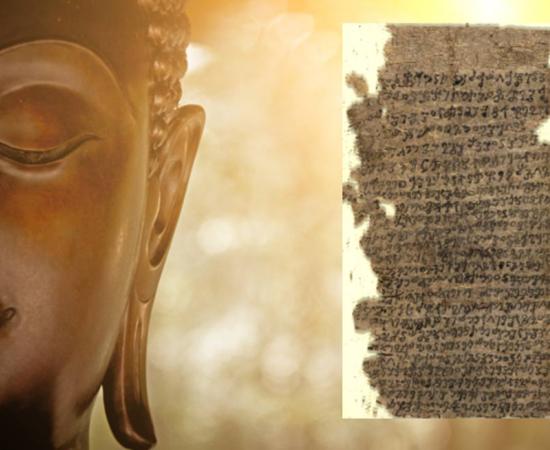 The head of a Buddha statue. Credit: Richard / Adobe Stock. Inset: Fragments of a birch bark manuscript from ancient Gandhara. Credit: British Library (public domain)