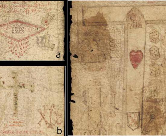 Images of the MS. 632 birthing girdle. a) The dripping side-wound. b) The rubbed away green cross or crucifix. c) Tau cross with red heart and shield.  Source: Courtesy of the Wellcome Collection