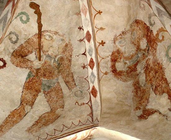 Dalbyneder Church, the western arch in the naive with a gothic fresco from 1511 of two blemmyes 