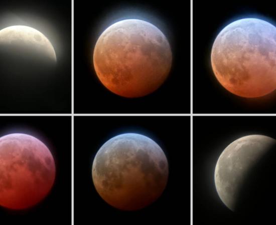 Multiple phases of a lunar eclipse and blood moon.
