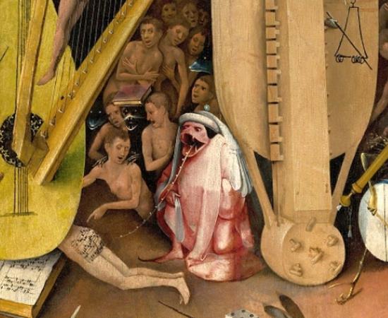 Detail of a Bosch painting showing a man lying under a giant lute with musical notes painted on his buttocks, an open music book and a crowd of naked figures behind