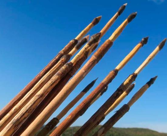 Replicas of the stone points made by the researchers using local flint, and incorporated them into spears and arrows. Source: Ludovic Slimak/Nature