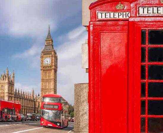London symbols of British culture with Big Ben, a double-decker bus and Red Phone Booths. Source: Tomas Marek/ Adobe Stock