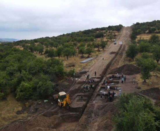 Aerial photo of the excavation site on the terrace where the ancient Roman village was constructed.