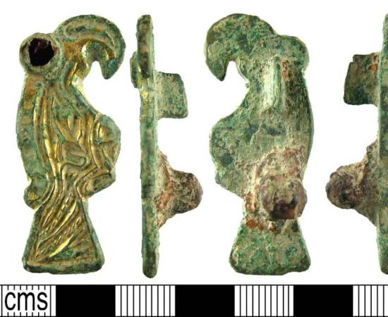 An incomplete early early-medieval (Anglo-Saxon, 500-600 AD) gilded copper-alloy zoomorphic plate bird brooch with garnet eye detail, missing its pin. This type of brooch was found in many medieval furnished graves across Kent and the Frankish world. But after 600 AD European burial rites transitioned to unfurnished churchyard burials, according to the latest study.	Source: Hampshire Cultural Trust
