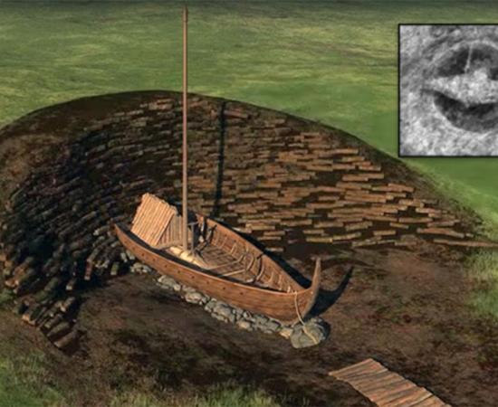A side-rendering of the giant mound that once covered the buried Viking ship. Today, the ship's remains lie under less than 20 inches of topsoil. (NIKU/LBI ArchPro)
