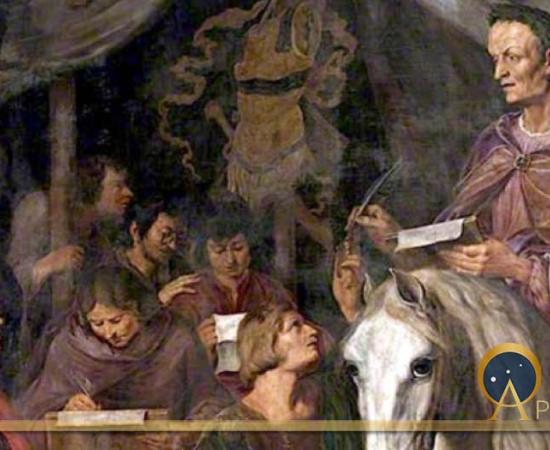 Julius Caesar on Horseback, Writing and Dictating Simultaneously to His Scribes by Jaques de Gheyn II (1629) (Public Domain)