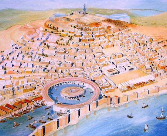 Modern reconstruction of Punic Carthage. The circular harbor at the front is the Cothon, the military port of Carthage, where all of Carthage's warships were anchored.