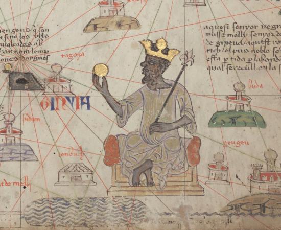 Medieval map detail of a crowned ruler seated on a throne holding a gold disc