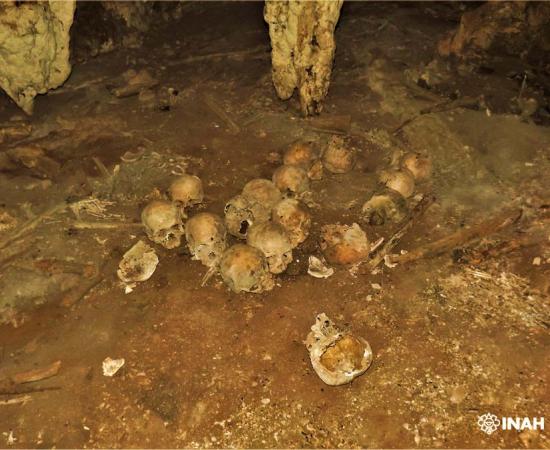 The Chiapas cave sacrifice scene, where about 150 toothless skulls were found, as it was discovered in 2012.		Source: INAH