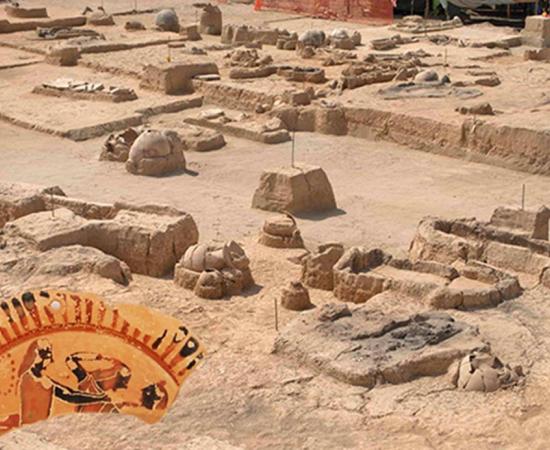 Detail of the cemetery showing pot burials and a funeral pyre at the foreground. Insert: Black-figure plate, with a prothesis scene, of which survives only the head of the deceased on the funeral bed and two women mourning him.
