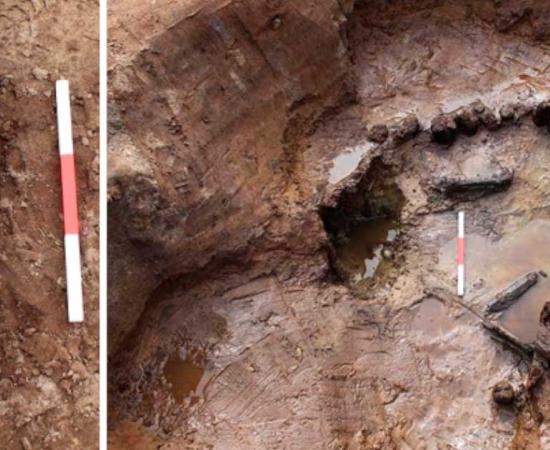The chariot axle and the Iron Age pit in which it was found. Source: Cotswold Archaeology