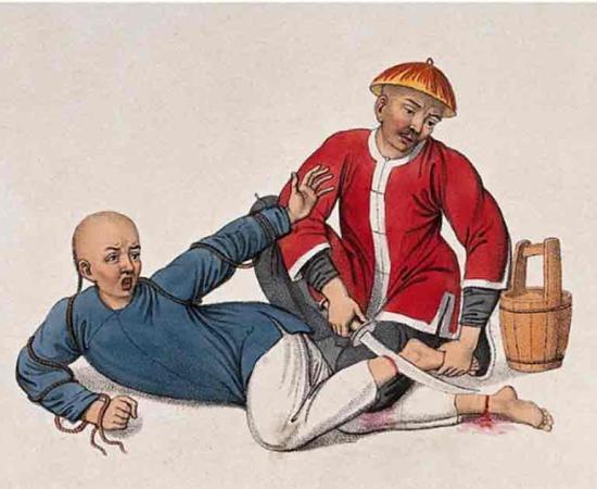 A Chinese prisoner who has tried to escape is lying on the ground while a man wearing a red jacket is cutting his ankles with a sword. Colored stipple print by J. Dadley, 1801.Source: Wellcome Collection/ Public Domain
