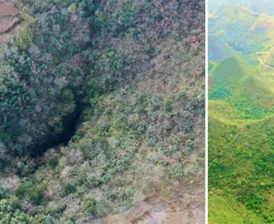 Right; China sinkhole forests show biodiversity in Hanzhong. Right Sinkhole examined in 2022. 	 Source: Left; Charlie fong/CC BY-SA 4.0, Right; Zhou Hua / Xinhua