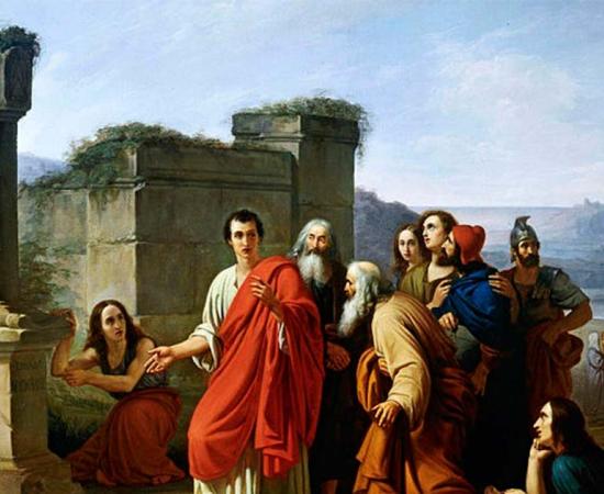 Painting by Paul Barbotti (1821-1867), depicting the scene of Cicero as he discovers the tomb of Archimedes forgotten by the Syracusans. Source: Public Domain