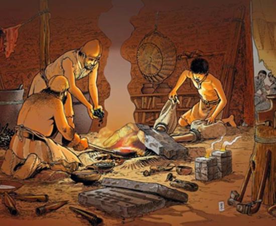Illustration representing a ‘Bronze Age workshop in the 9 to 10th Centuries BCE’. A circular economy can be traced back as far as the Bronze Age, or perhaps earlier. 