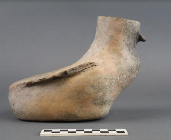 A duck effigy vessel made by mobile farmers during the period just prior to the climate catastrophe anomaly of 536 AD. Water birds hold great significance for modern Pueblo peoples, who were the descendants of ancient innovators that survived serious climate change.		Source: R. J. Sinensky / Antiquity Publications Ltd