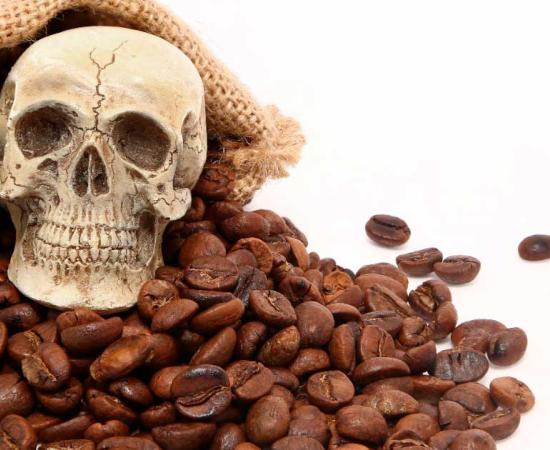 Coffee beans next to a skull. Source: karnstocks / Adobe Stock