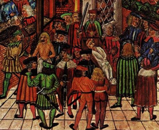 Detail from an illustration of a body in its coffin that starts to bleed in the presence of the murderer during a cruentation 1497. 