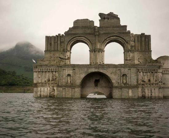 A photograph of the colonial church that has emerged out of the Nezahualcoyotl reservoir in Chiapas, Mexico