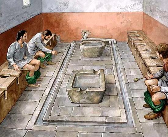 Reconstruction drawing of the communal latrines at Housesteads Roman fort (Vercovicium) on Hadrian's Wall. This site is now in the care of English Heritage (2010).