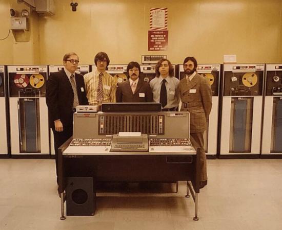 Photo of an early IBM 7030 computer, in the 1960s, on display at National Cryptologic Museum. 