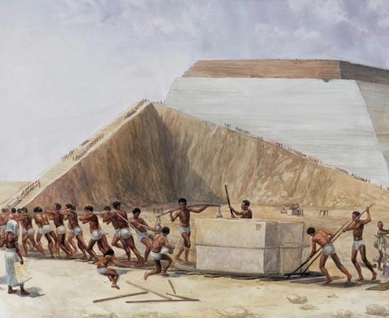 An illustration depicting the construction of the Egyptian pyramids 