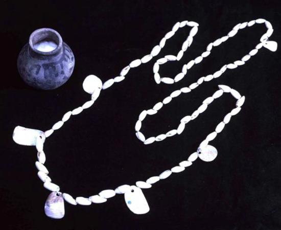 A conus shell necklace with abalone pendants and the pot in which it was found.