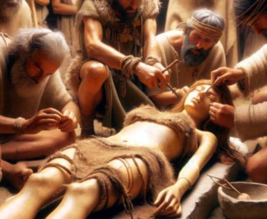 Representative image of a Copper Age woman undergoing trepanation. Source: Created by OpenAI's DALL-E, an AI image generation model