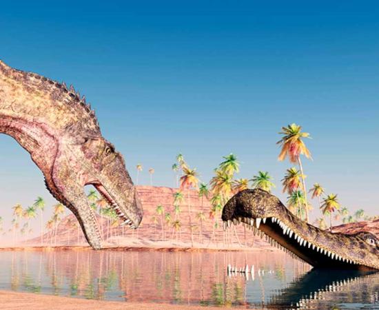 Digital reconstruction of a Acrocanthosaurus dinosaur and a prehistoric Sarcosuchus crocodile or SuperCroc. Source: Michael Rosskothen / Adobe Stock 